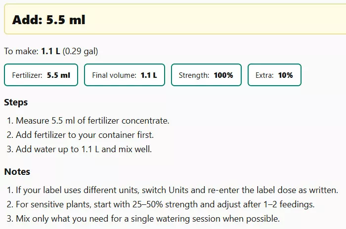 Fertilizer mixing calculation result and steps