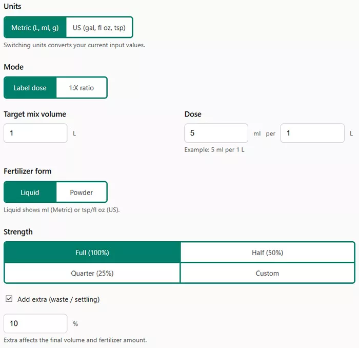 Fertilizer mixing calculator input interface