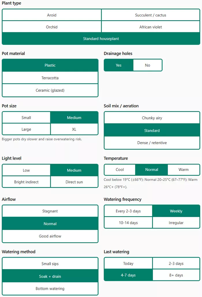Overwatering risk calculator input options