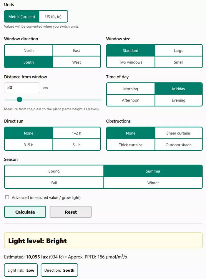 Indoor plant light calculator result bright level