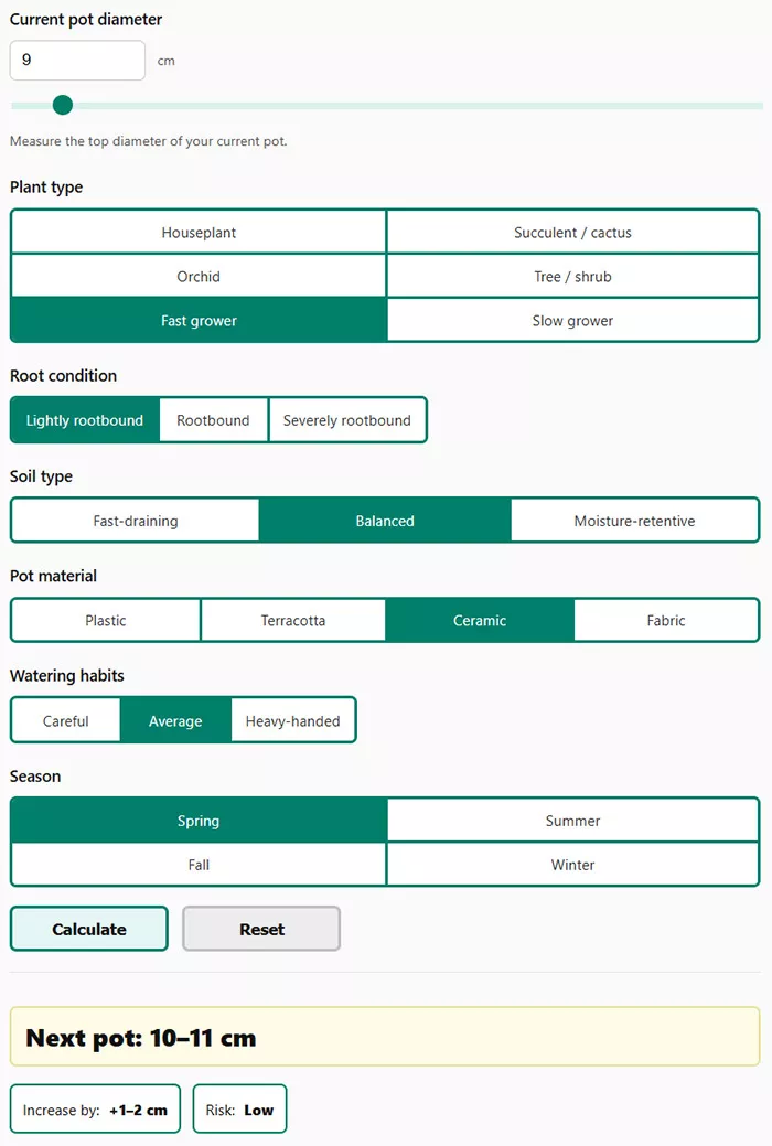plant pot size calculator interface