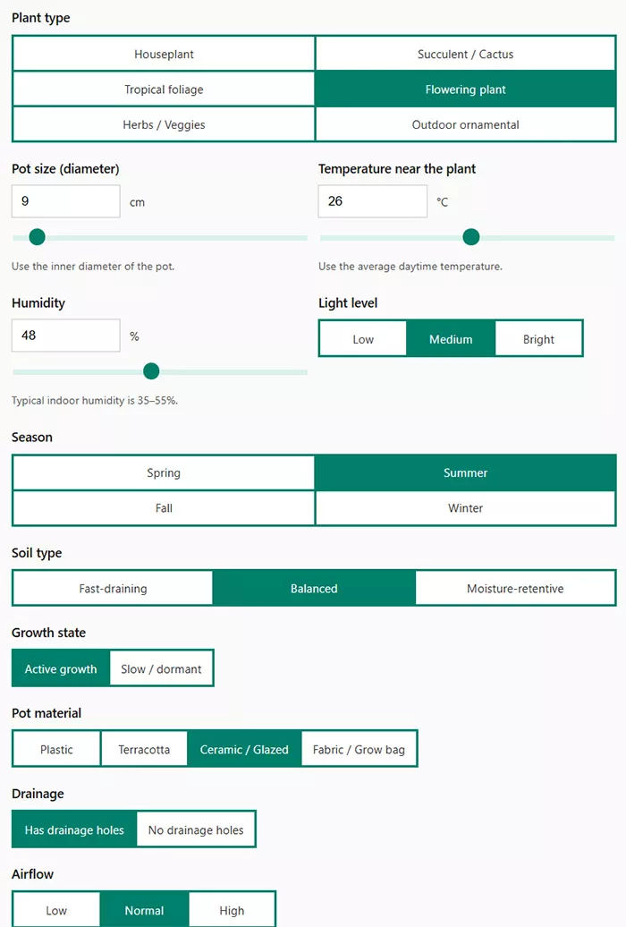 Plant Watering Calculator input settings screen