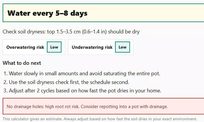 Plant Watering Calculator results example