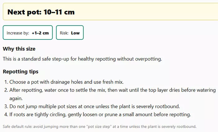 pot size calculator result recommendation