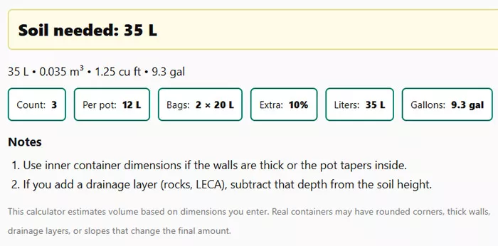 Soil volume calculation result with multiple pots
