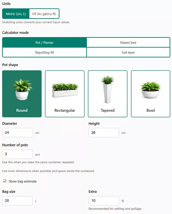 Potting soil calculator interface for plant pots