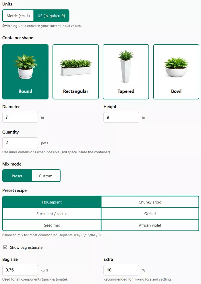 Potting soil mix calculator interface with pot inputs