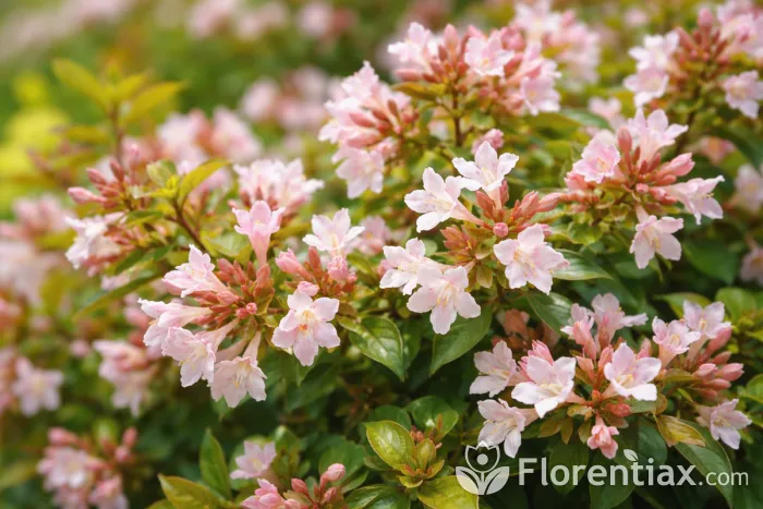 Abelia shrub flowers close-up in bloom