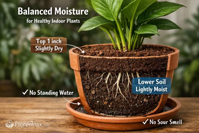 Balanced soil moisture tropical indoor plant cross-section