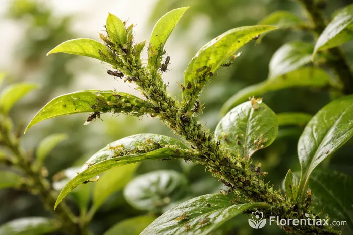 Aphid infestation on tender plant stems