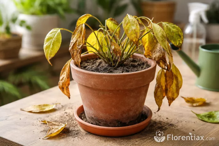 Underwatered plant with yellow dry leaves