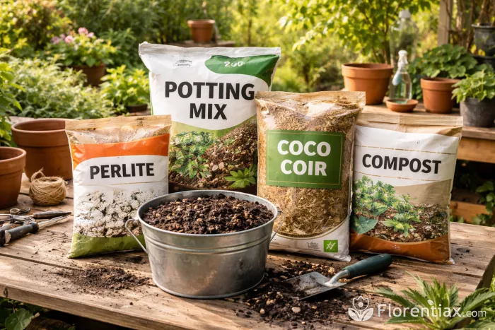 Potting soil mixing supplies on garden table