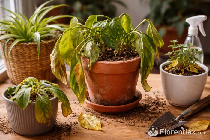 Underwatered indoor plants with dry soil