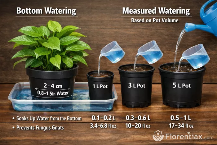 Bottom watering and pot volume guide