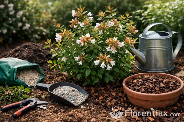 Abelia shrub care with pruning and mulching