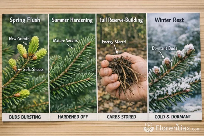 Fir tree seasonal growth cycle infographic
