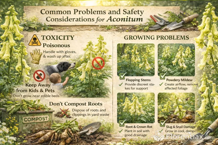 Aconitum safety and common growing problems infographic