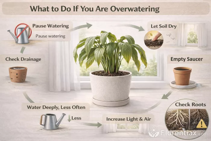 Overwatered houseplant recovery steps infographic