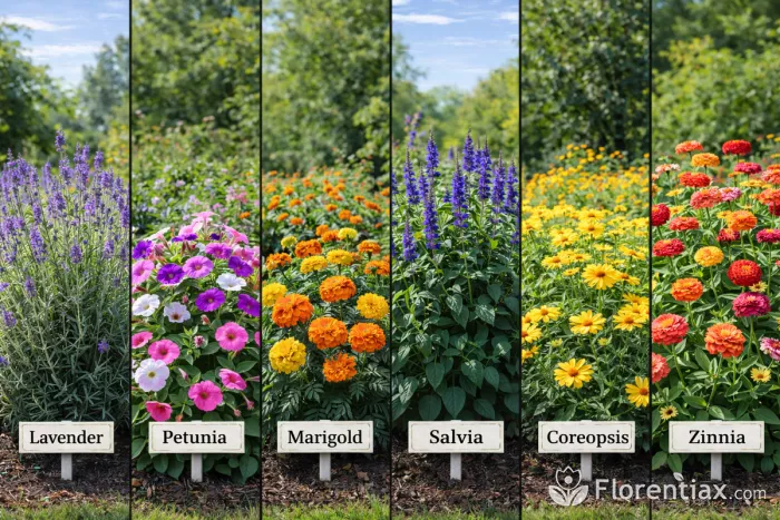 Full sun garden with labeled lavender petunia marigold salvia coreopsis zinnia