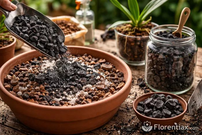 Horticultural charcoal mixed into potting soil