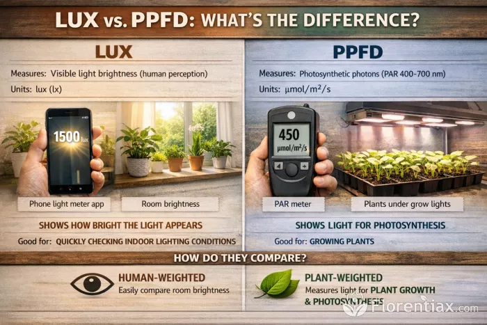 Lux vs PPFD light measurement comparison infographic