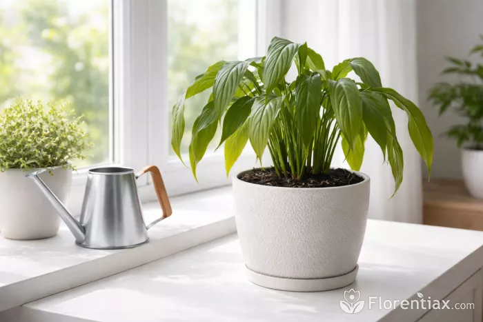 Overwatered houseplant with drooping leaves on windowsill