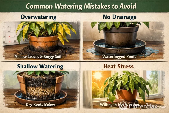 Overwatering, drainage problem, shallow watering, heat stress infographic