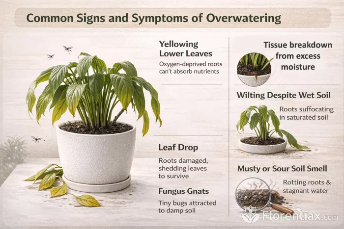 Overwatering symptoms on houseplant leaves and soil