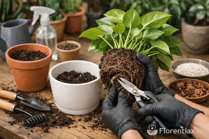Repotting houseplant with exposed healthy roots