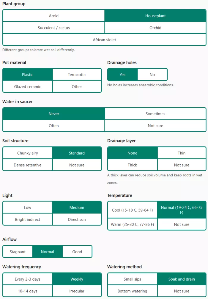 Root rot risk calculator plant care interface