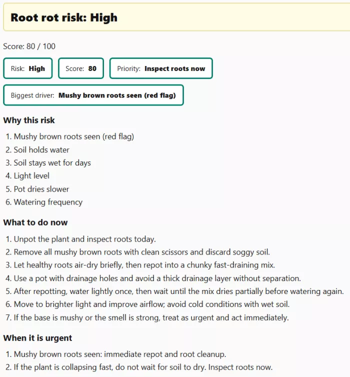 Root rot risk calculator high result screen