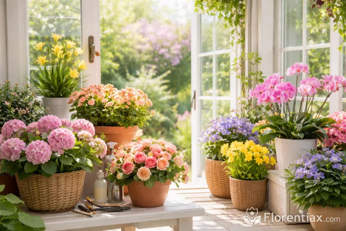 Sunlit indoor flowers by window