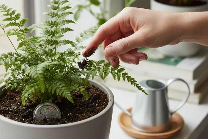 Adiantum watering consistency, evenly damp soil