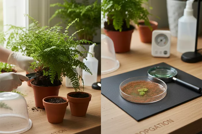 Adiantum fern propagation by division and spores