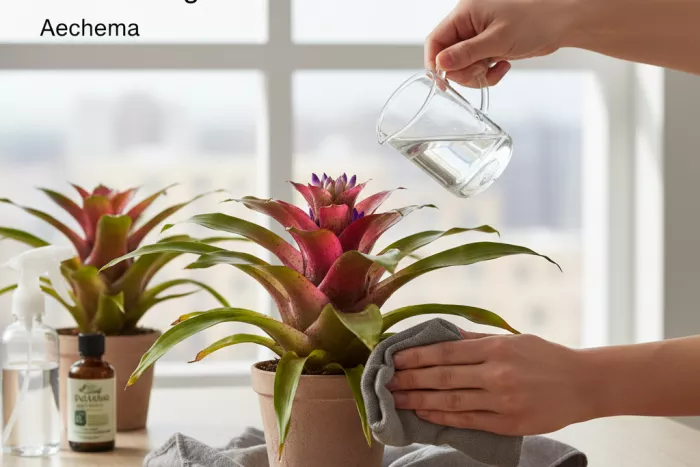 Aechmea bromeliad care: cup watering, gentle feeding