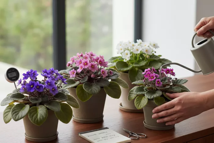 African violet indoor care routine: light, watering, grooming