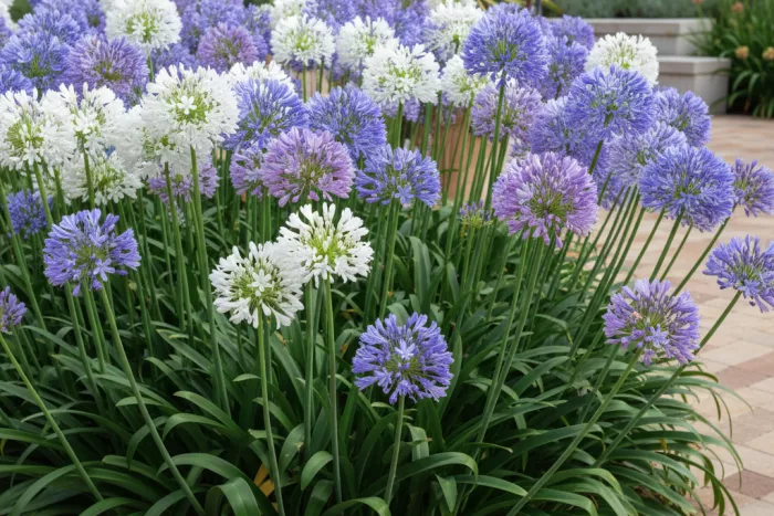 Agapanthus flowering stems above strap-like foliage