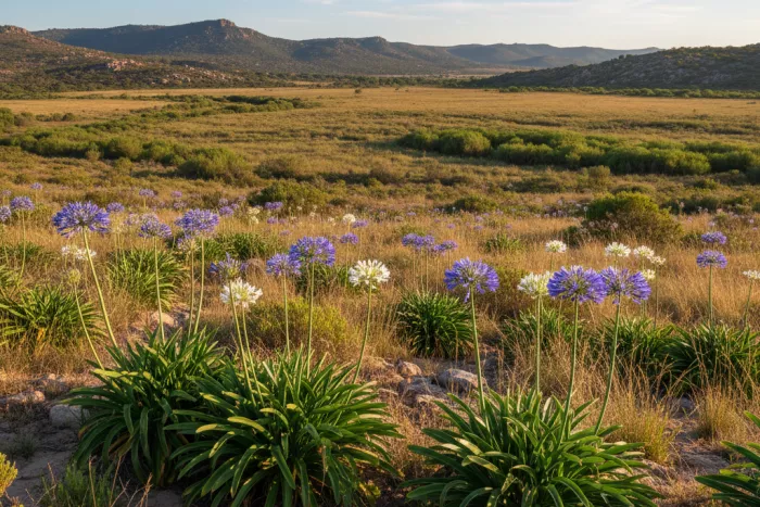 Agapanthus flowering perennial in sunny, seasonal climates
