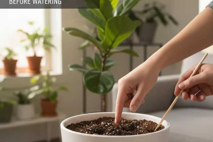 Checking soil moisture before watering indoor plants