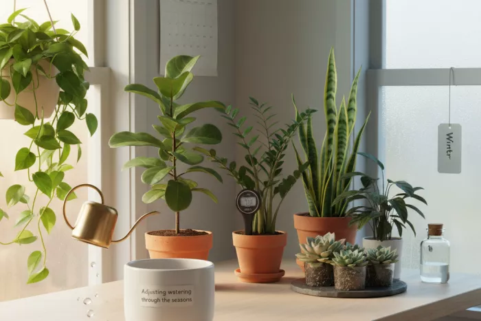Seasonal indoor plant watering adjustments
