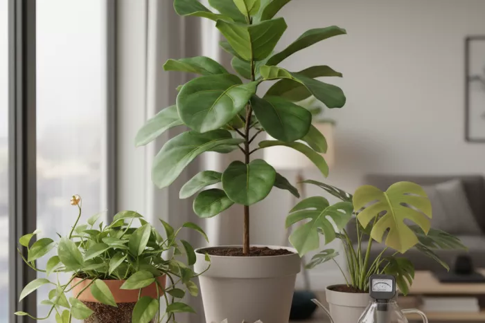 Indoor plant watering balance signs and growth