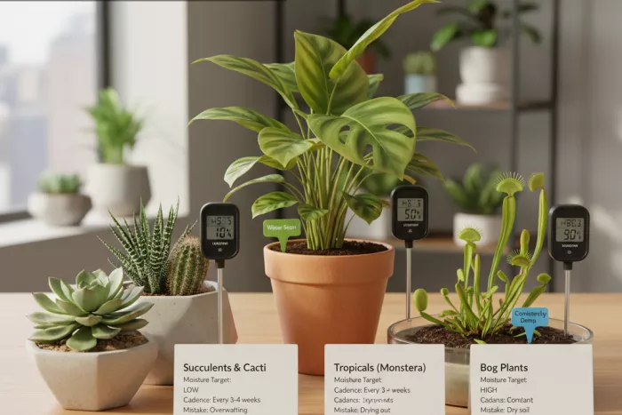 Indoor plant watering by soil moisture level
