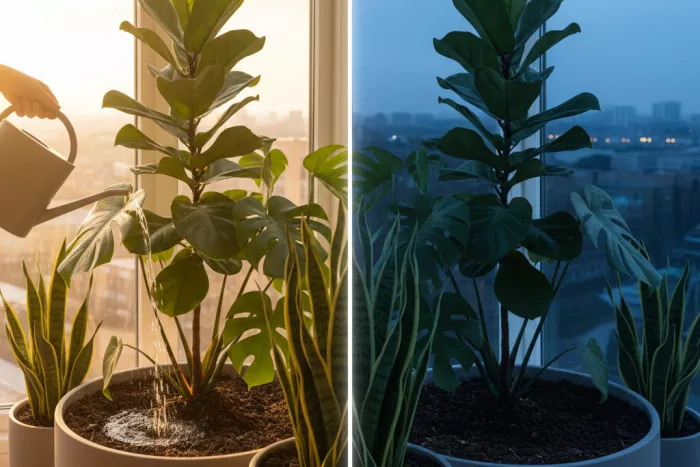 Indoor plant watering timing and potting mix dryness