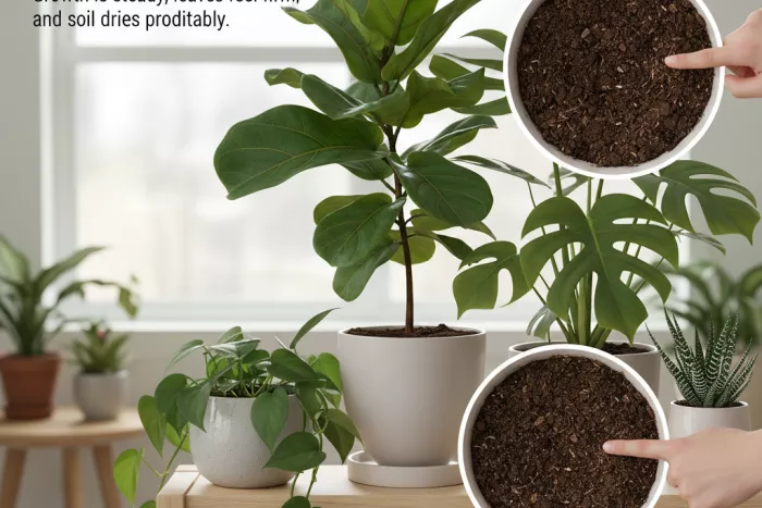 Proper indoor plant watering signs: firm leaves, steady growth