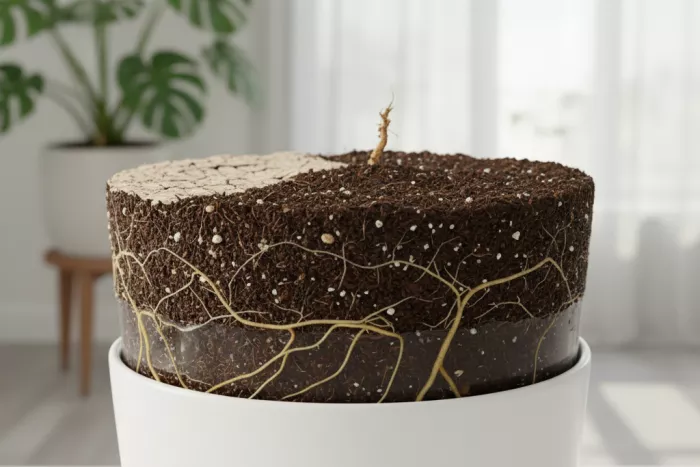 Balanced soil moisture for indoor plant roots