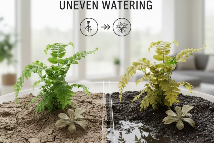 Balanced houseplant watering for steady growth