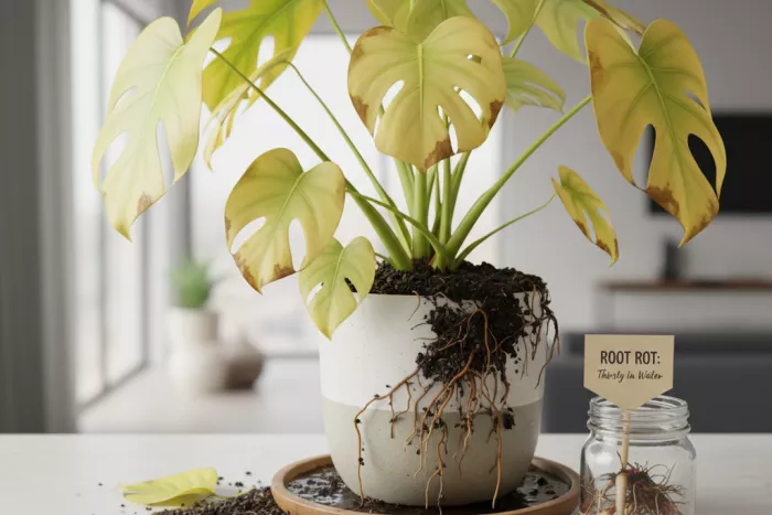 Yellow leaves from root rot stress