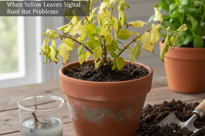 Yellow leaves from root rot in wet soil