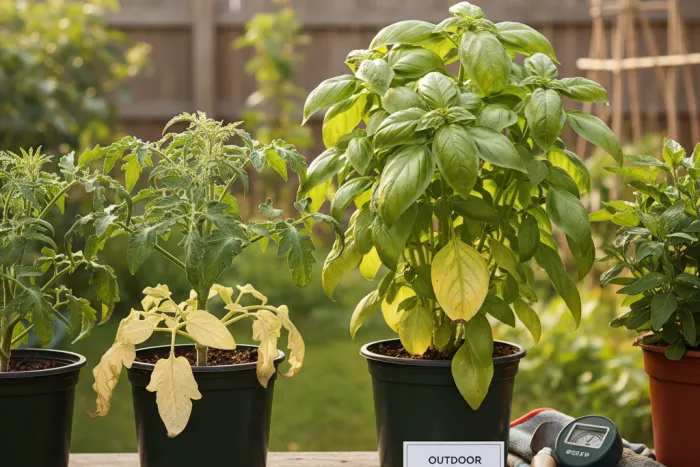 Outdoor plant leaf yellowing pattern diagnosis