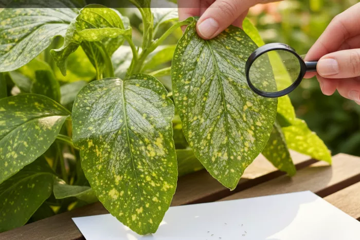 Pest damage causing yellowing garden plant leaves